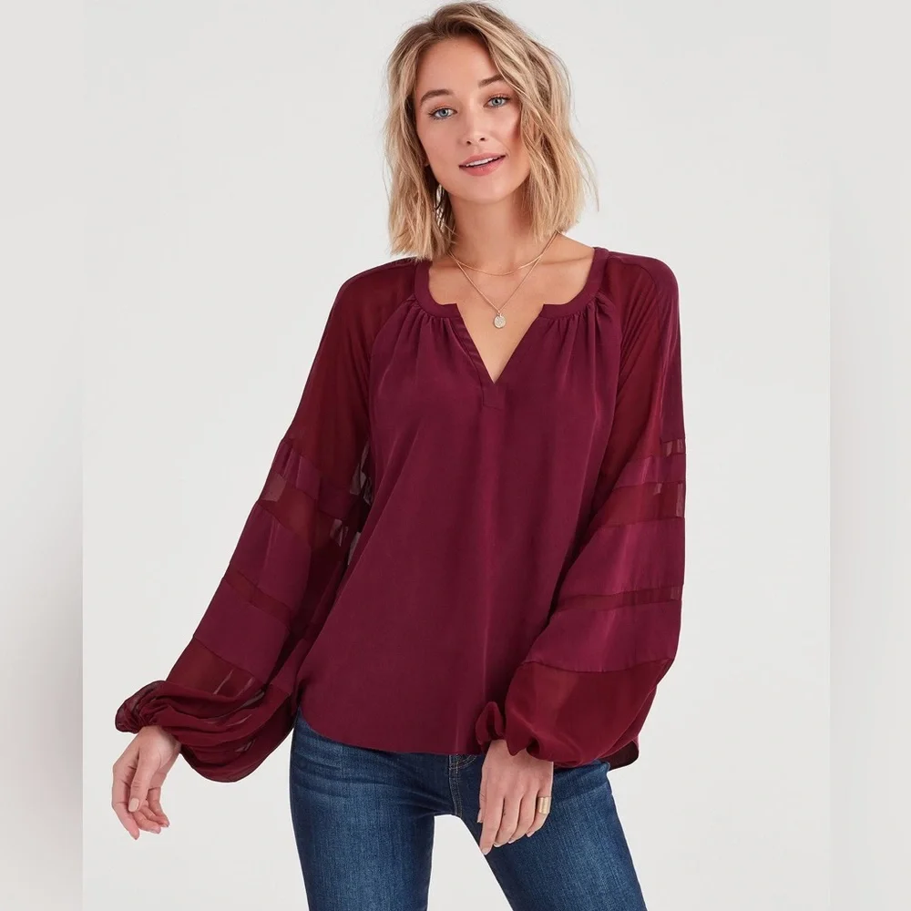 7 For All Mankind Balloon-Sleeve Silk Top - Picture 4 of 10